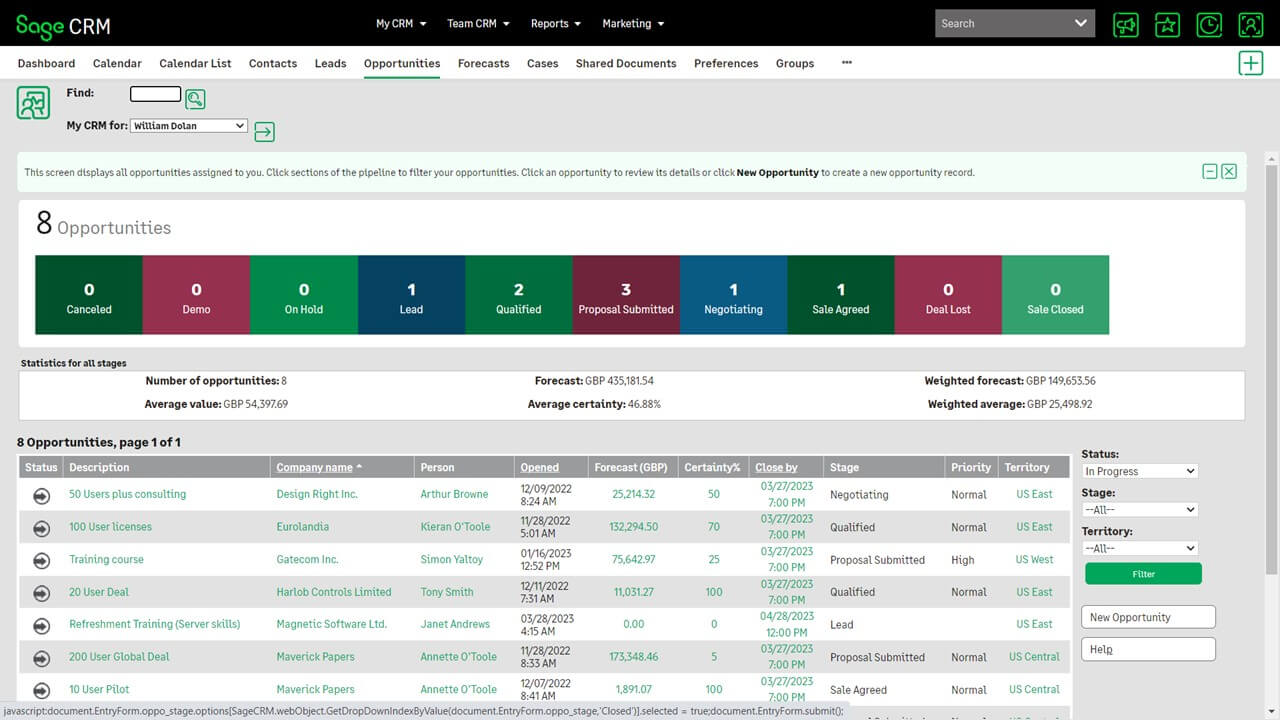 Sage CRM interface