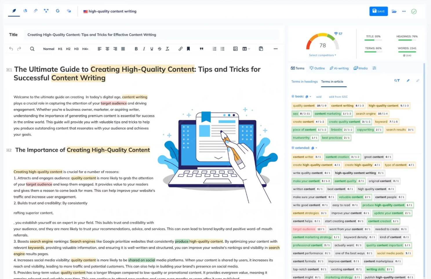 NeuronWriter fonctionnalités