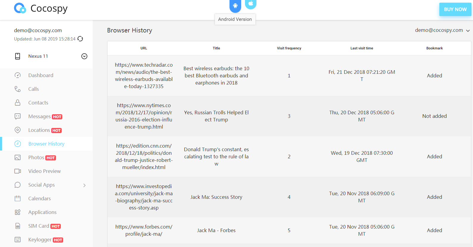 cocospy suivi de l'historique